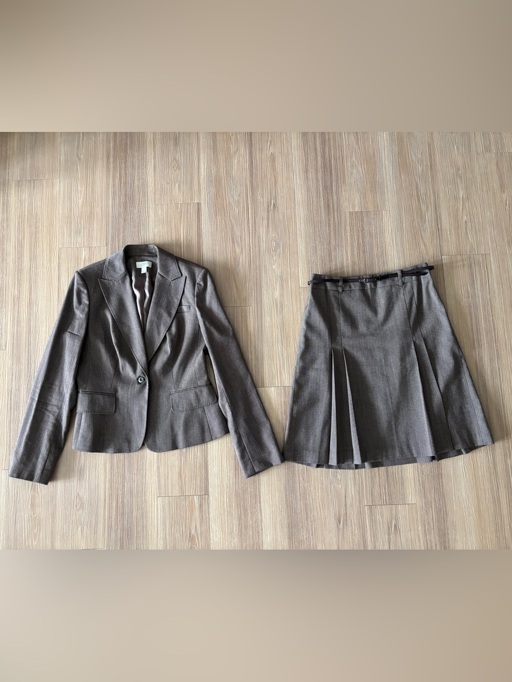 VTG LOFT Skirt Suit Brown Wool Jacket Skirt Set Womens 4,6 Office 90s Academia